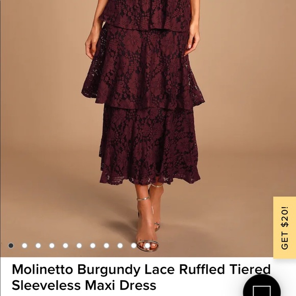 NWT Molinette Burgundy Lace Ruffle Tiered Sleeveless Maxi Dress - Picture 6 of 6